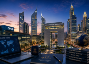 Dubai financial district at twilight Dubai financial district at twilight