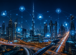 Futuristic city skyline with digital network Futuristic city skyline with digital network