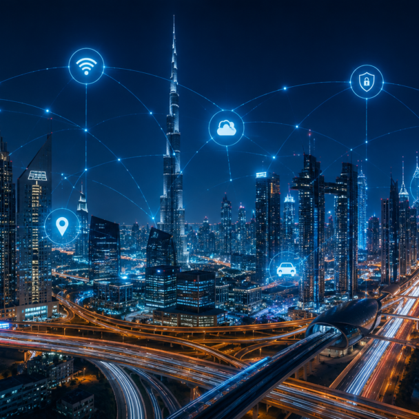 Futuristic city skyline with digital network